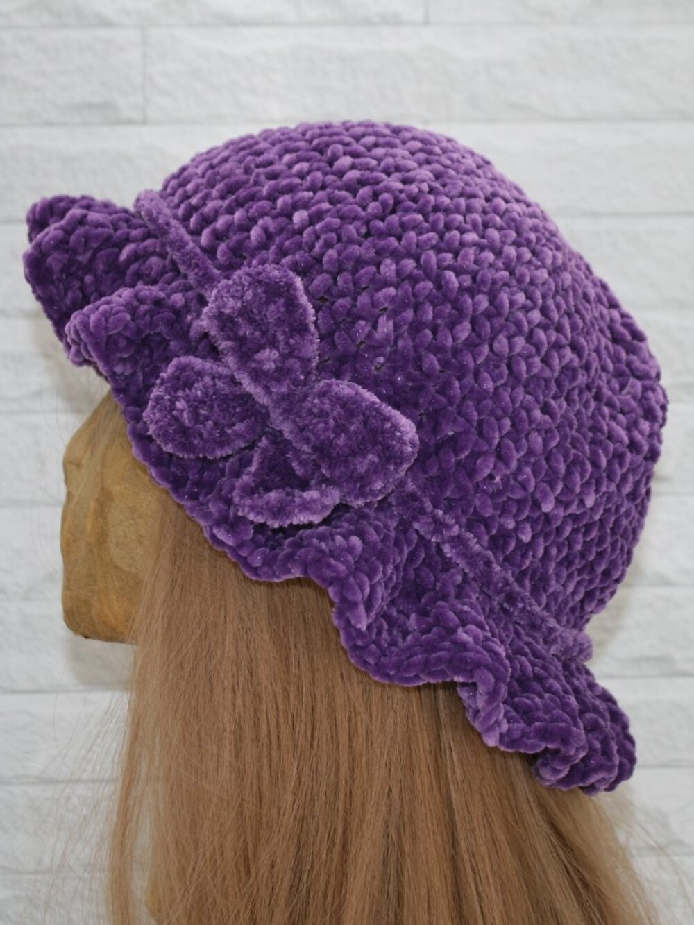 HAND CRAFTED Hat Crochet Bucket Chenille Winter Medium Ruffle Wide Brim Purple